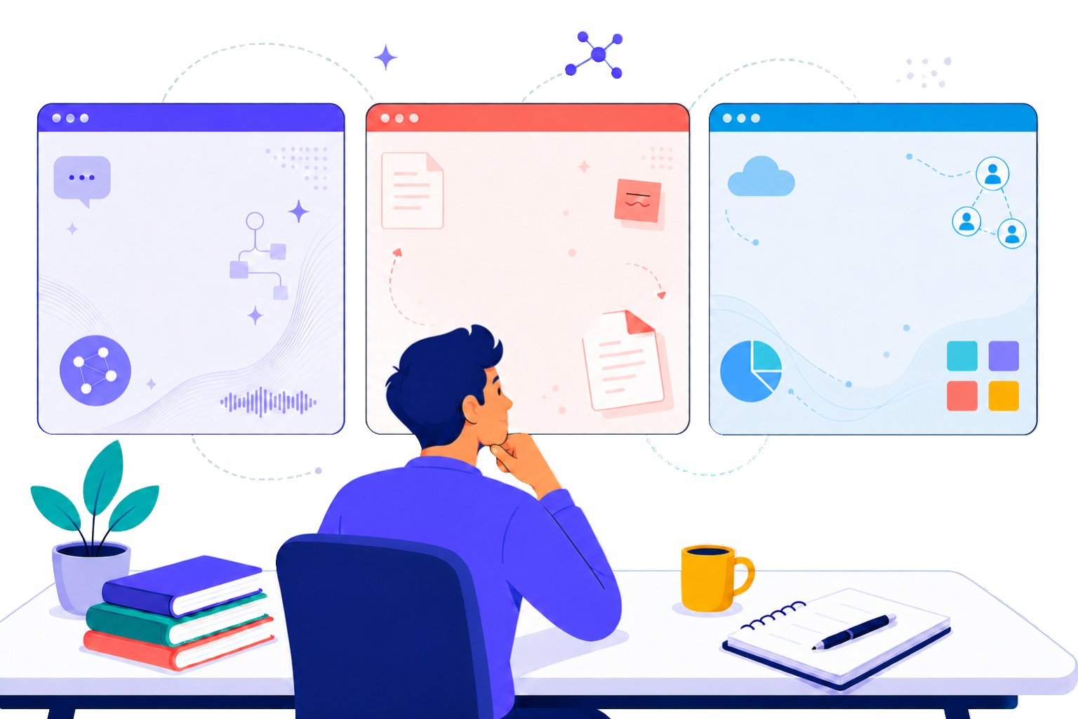 A person comparing ChatGPT, Claude, and Gemini workspaces
