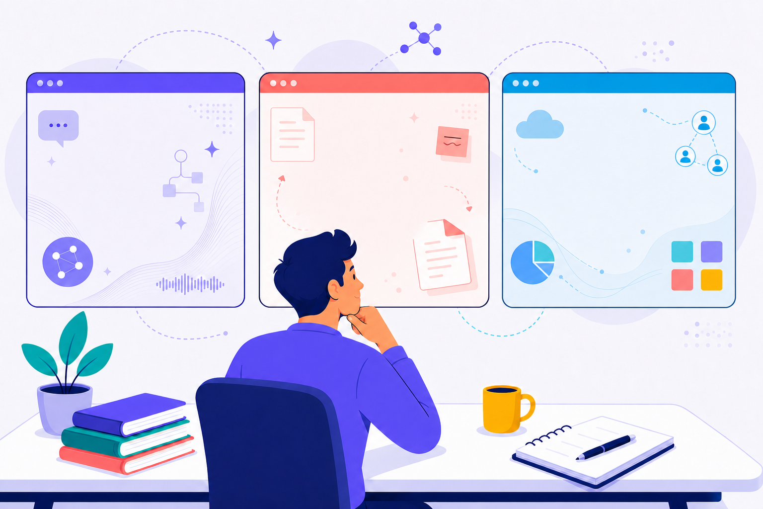 A person comparing ChatGPT, Claude, and Gemini workspaces