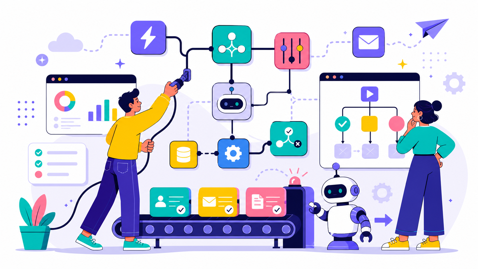 Workflow automation canvas with connected app nodes and routing arrows