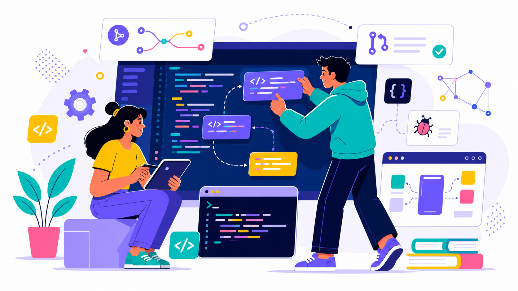 Coding workspace with code editor, terminal panel, and connected app blocks