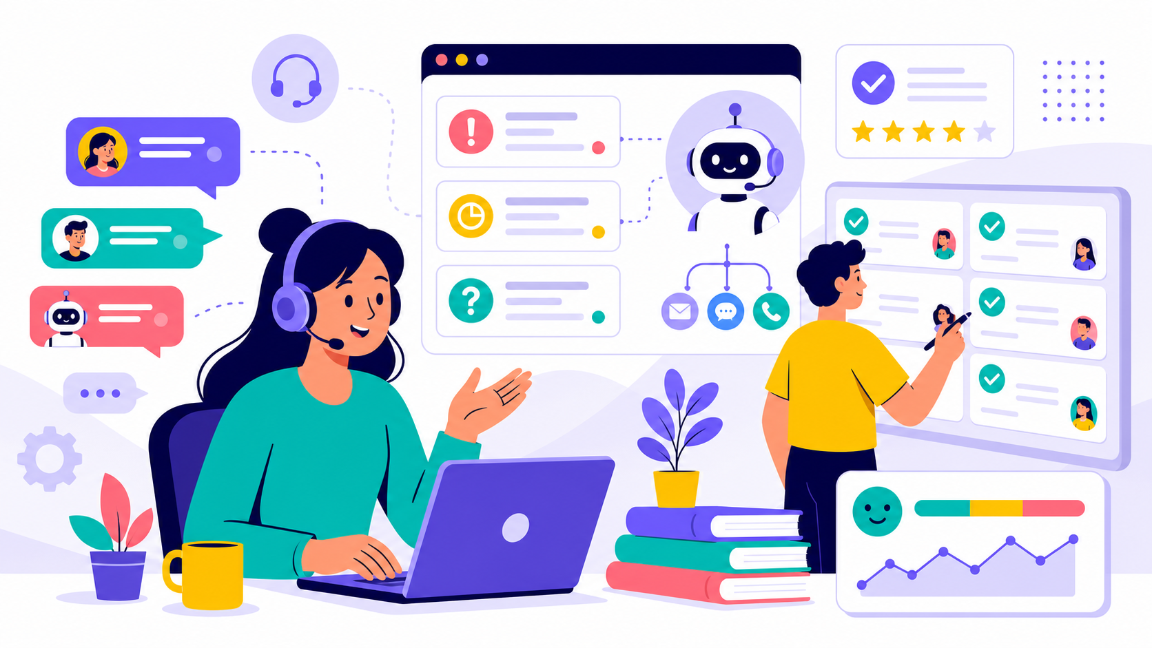 Customer support workspace with headset, chat bubbles, and ticket queue