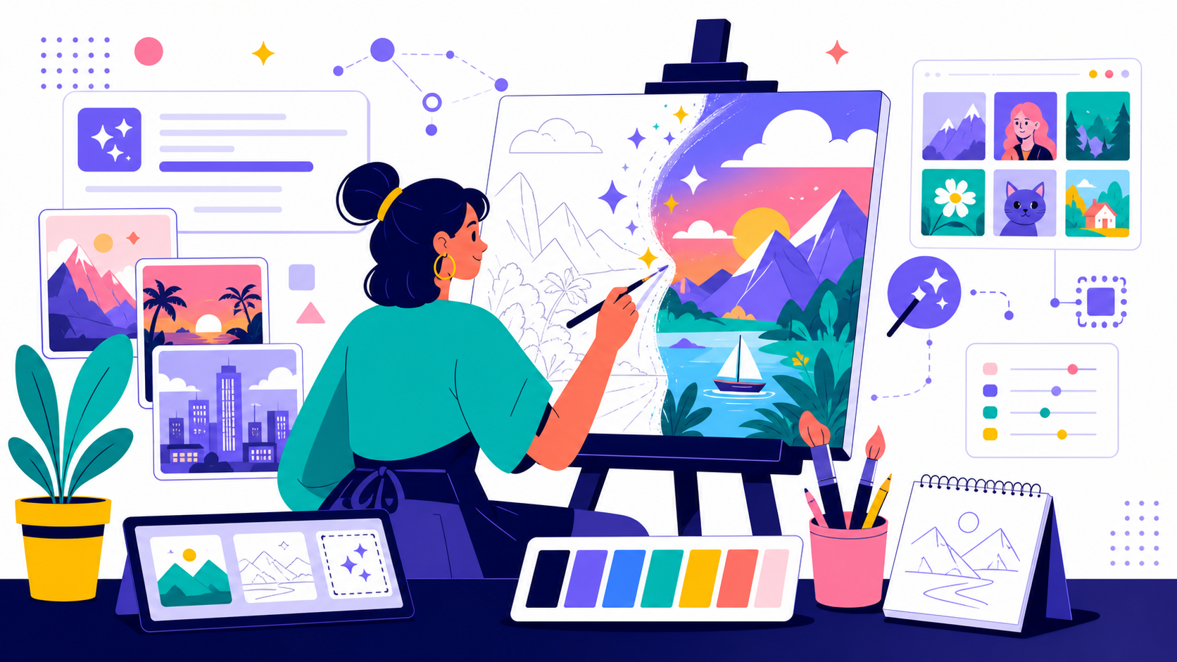 Image generation workspace with image frames, color swatches, and prompt panel