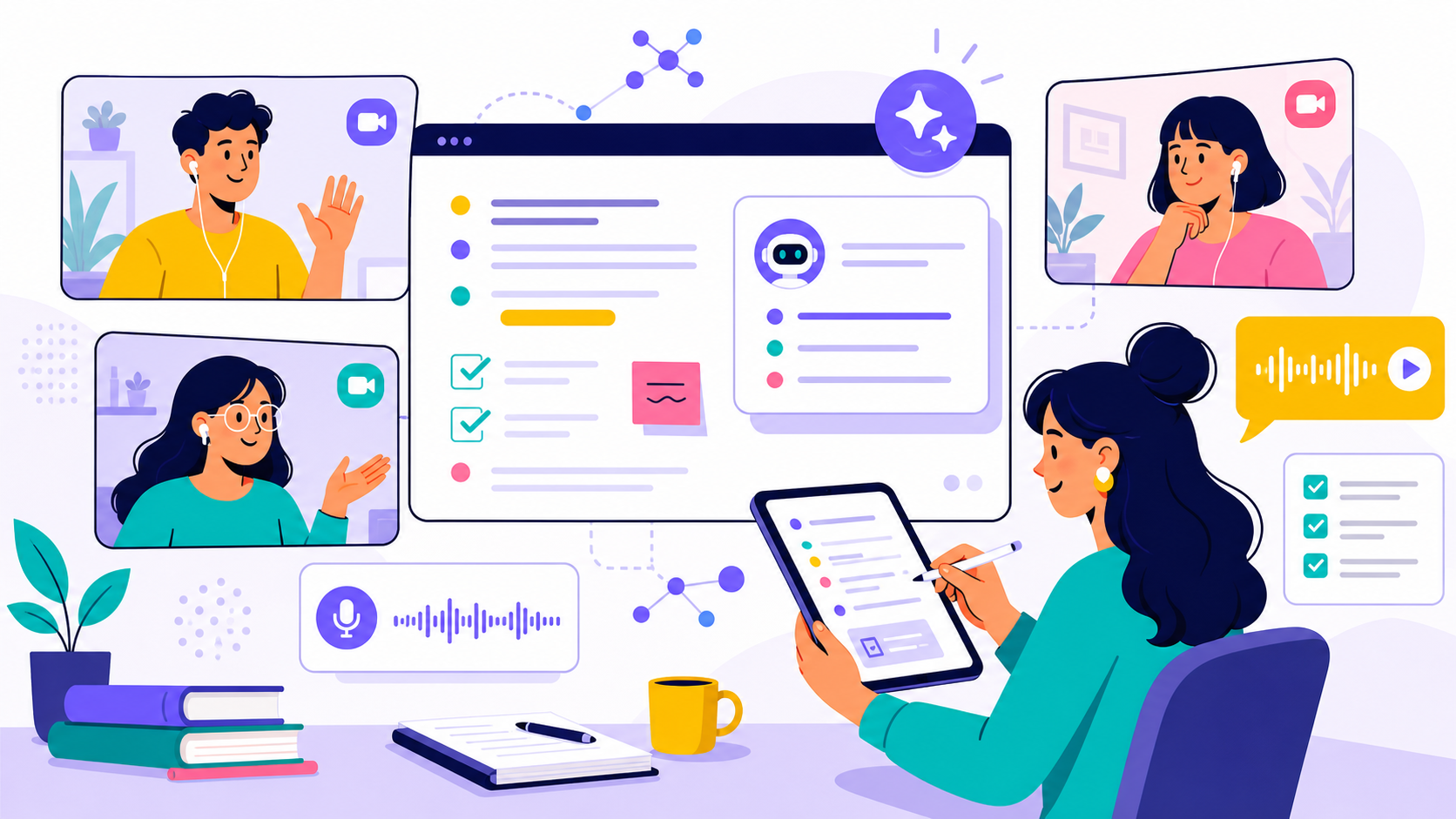 Meeting notes workspace with a call panel, transcript lines, and action checklist