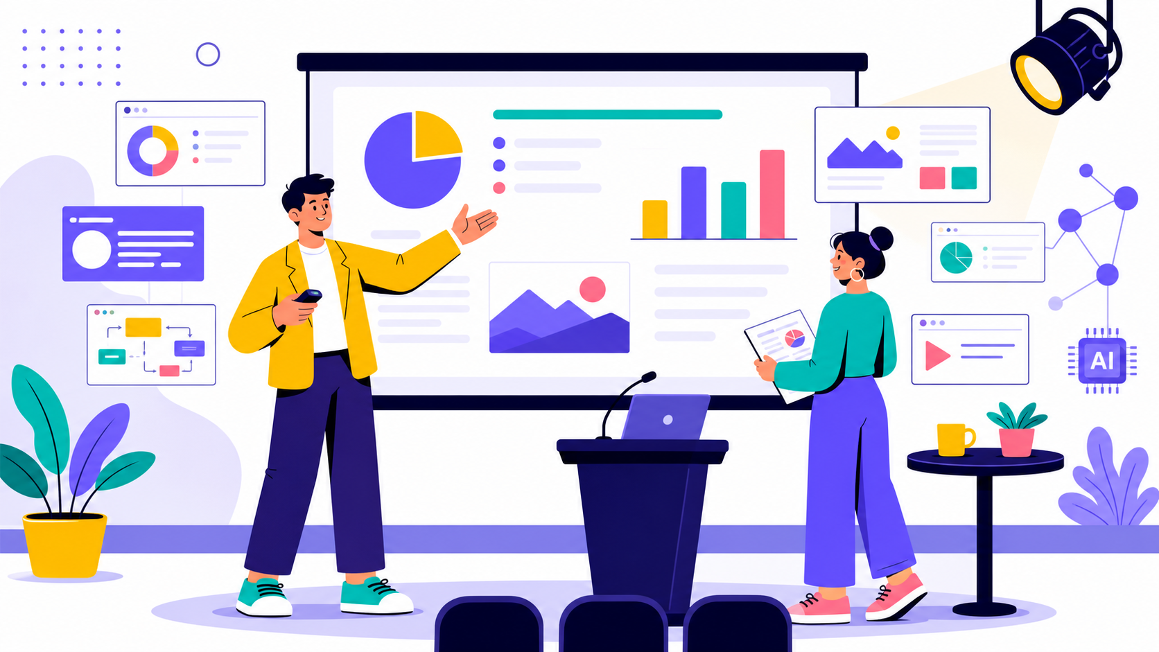 Presentation workspace with slide cards, chart, and speaker notes