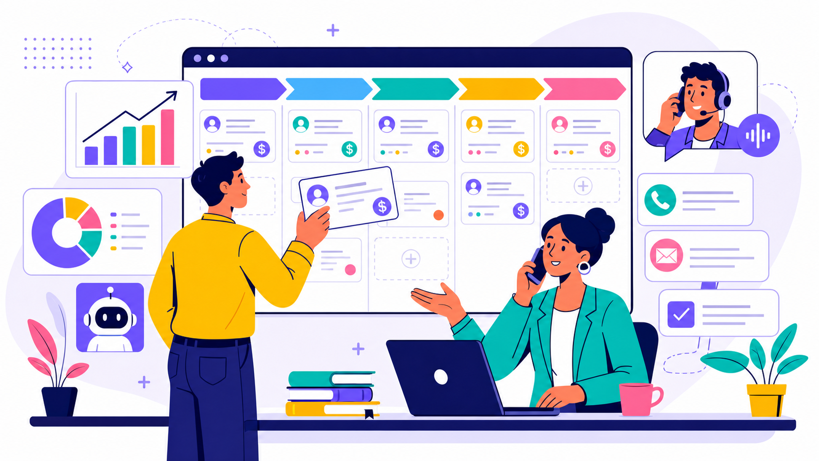 Sales workspace with CRM pipeline cards, call notes, and follow-up tasks