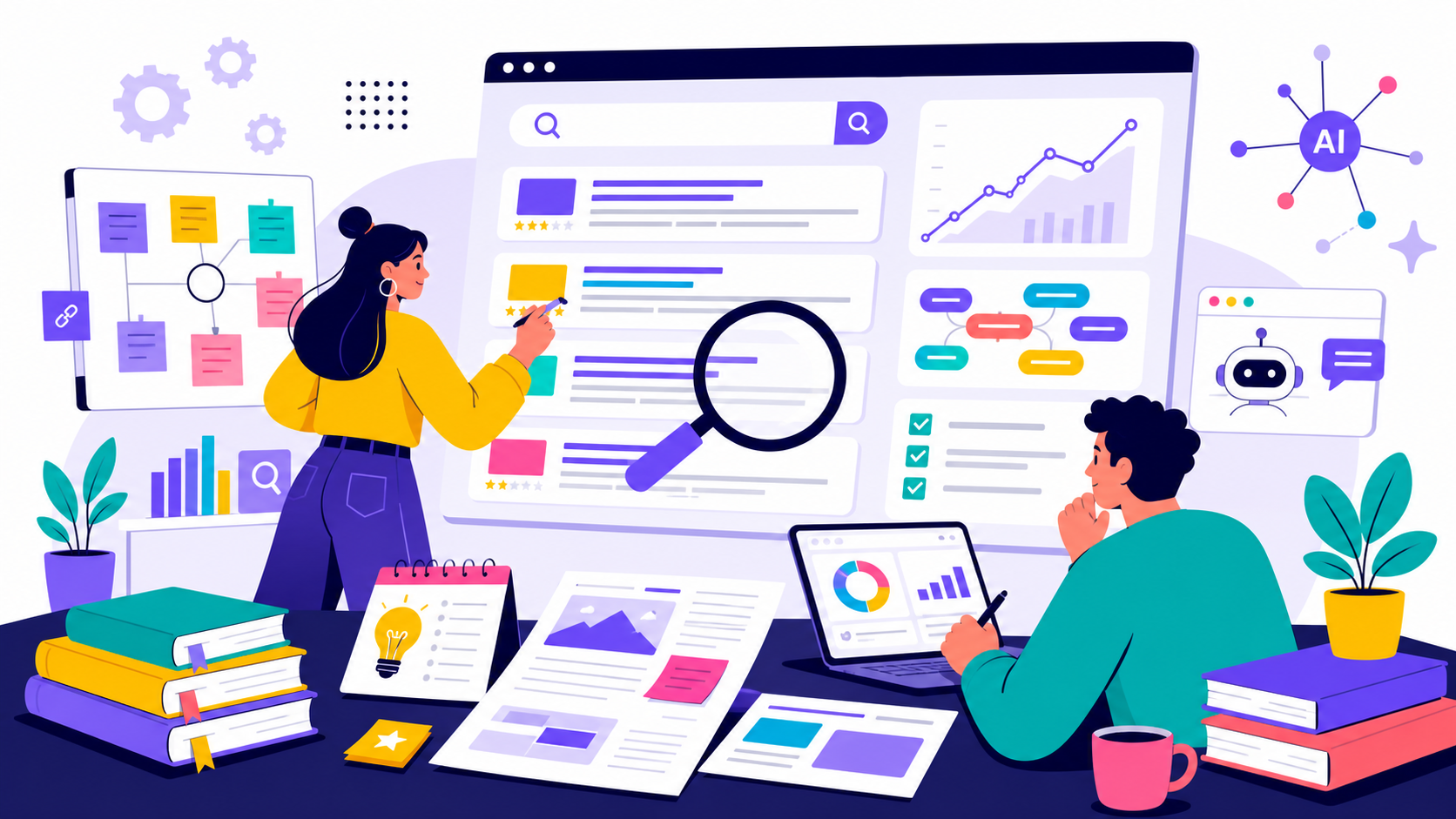 SEO content workspace with search results, ranking chart, and writing document