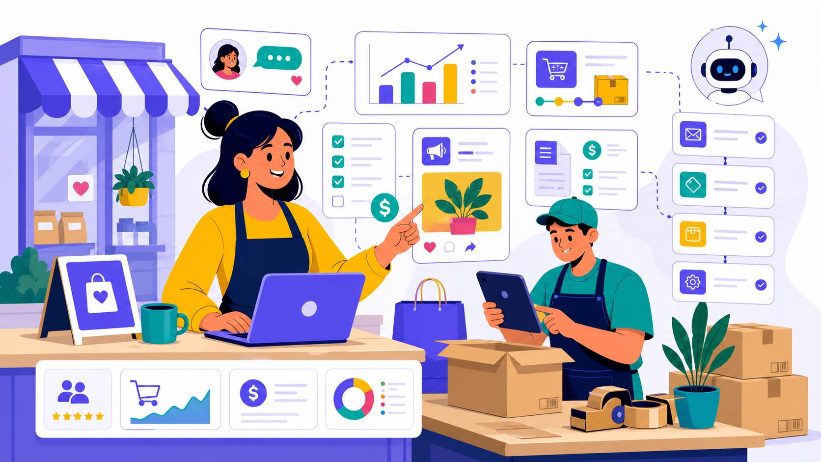 Small business workspace with storefront, dashboard cards, and automation tasks