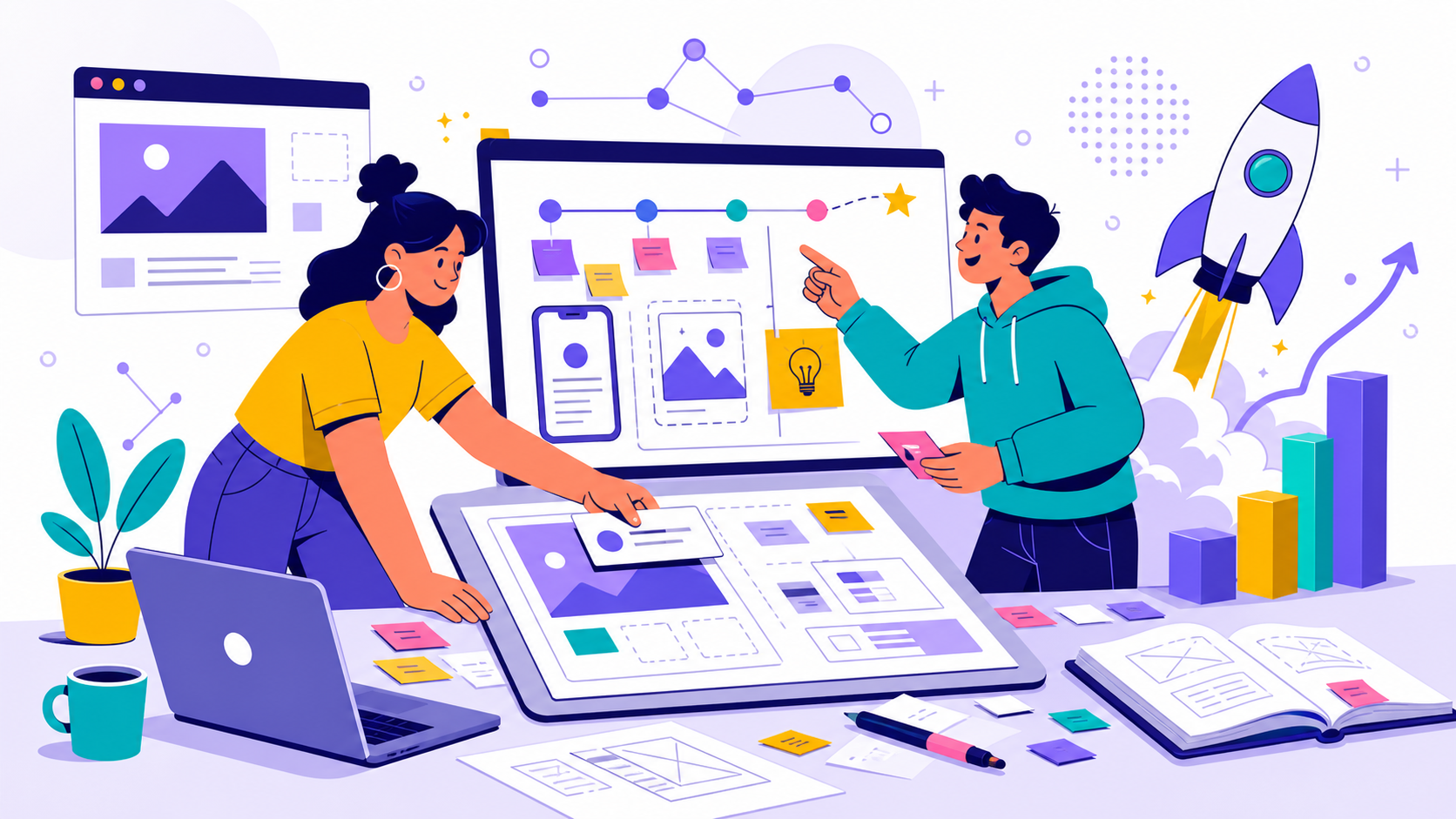Startup MVP workspace with app screens, launch marker, and build blocks