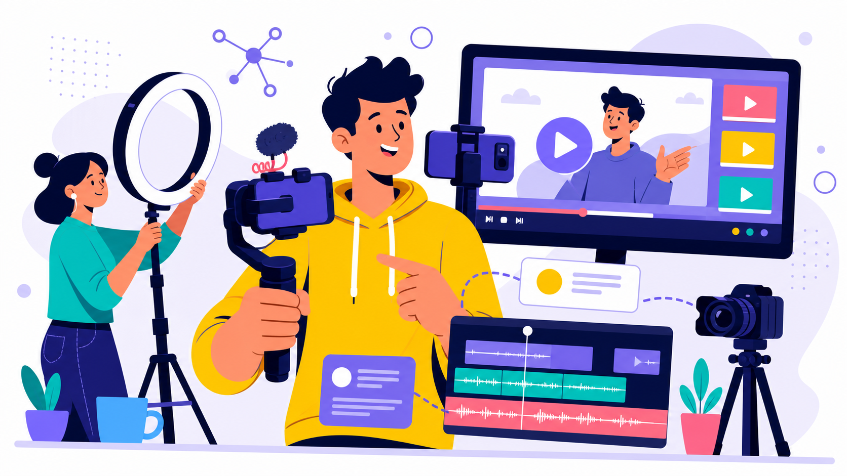 Video creation workspace with preview frame, play button, and editing timeline